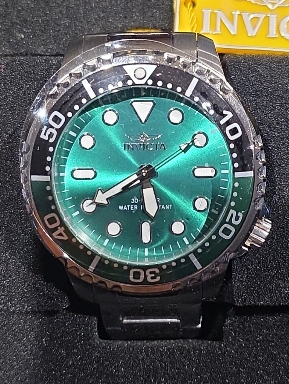 48mm Invicta Green Sunburst Dial Stainless Steel Dive Watch with Black Bezel
